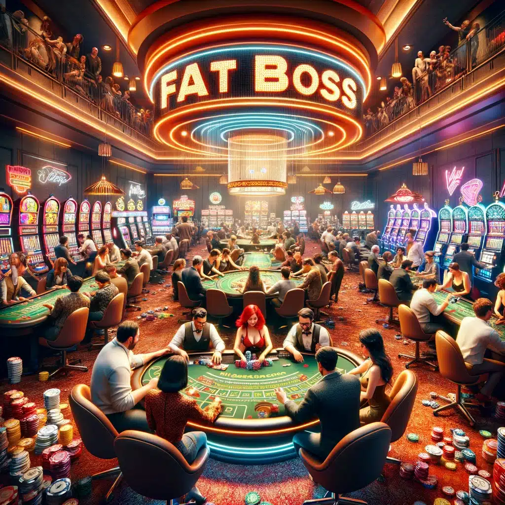 Scène dynamique de casino en ligne fatboss avec des joueurs engagés